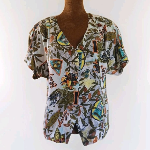 Vintage Women's Nicola Top Size M Graphic Leaf‎ Print Shoulder Pads 90s Tropical - Picture 1 of 6
